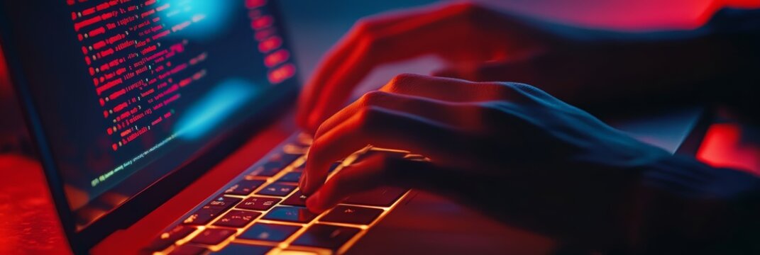 Hands typing code on a laptop with a red-glowing screen in a dimly lit environment. The red tint adds a hacker-like atmosphere.