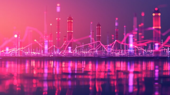 A digital depiction of a futuristic oil refinery skyline at sunset, overlaid with financial graph lines. The vibrant pink and purple tones, combined with the industrial imagery, highlight the