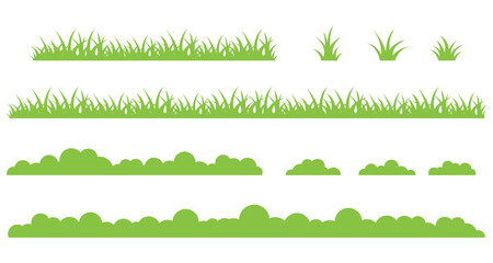 Set of green grass designs isolated on white background. flat vector illustration.