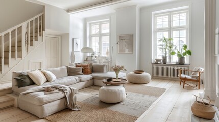Fototapeta premium This inviting Scandinavian living room showcases a harmonious blend of light, neutral tones, and minimalist furnishings, creating a warm and stylish atmosphere.