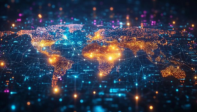 Global BPM Network: Connecting the Dots, global map with various nodes representing different business units interconnected by vibrant lines and data points, 