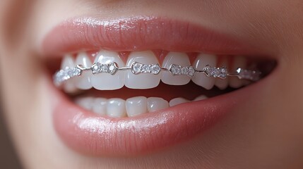 Obraz premium Close up of beautiful female teeth with dental braces. Dentistry concept