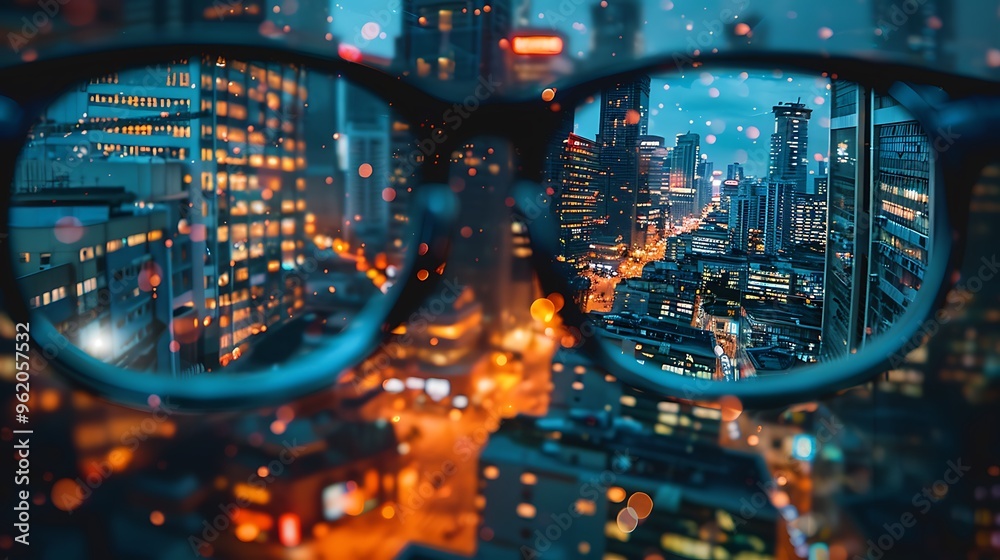 Wall mural a cityscape viewed through glasses, showcasing urban lights and buildings at night.