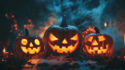 Halloween pumpkins decorations and party supplies with lanterns, candles for a memorable celebration.Halloween is celebrated on October 31st with costumes, trick-or-treating, and spooky decorations