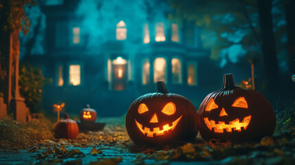 Fototapeta premium Halloween pumpkins decorations and party supplies with lanterns, candles for a memorable celebration.Halloween is celebrated on October 31st with costumes, trick-or-treating, and spooky decorations