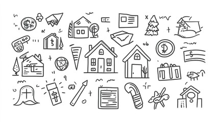 Obraz premium Loan interest rate doodle icon set. Hand drawn sketch doodle line style bank money loan interest rate icon for house, car discount percentage concept. Trendy cute element. Vector illustration
