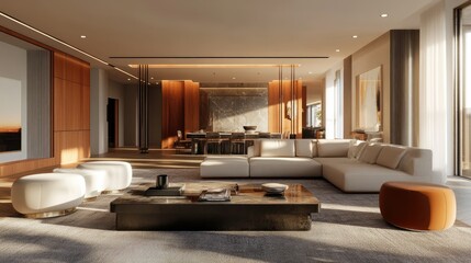 3D illustration of a luxury living room with modern, bright interiors, large open spaces, and chic furniture, showcasing an elegant and welcoming design