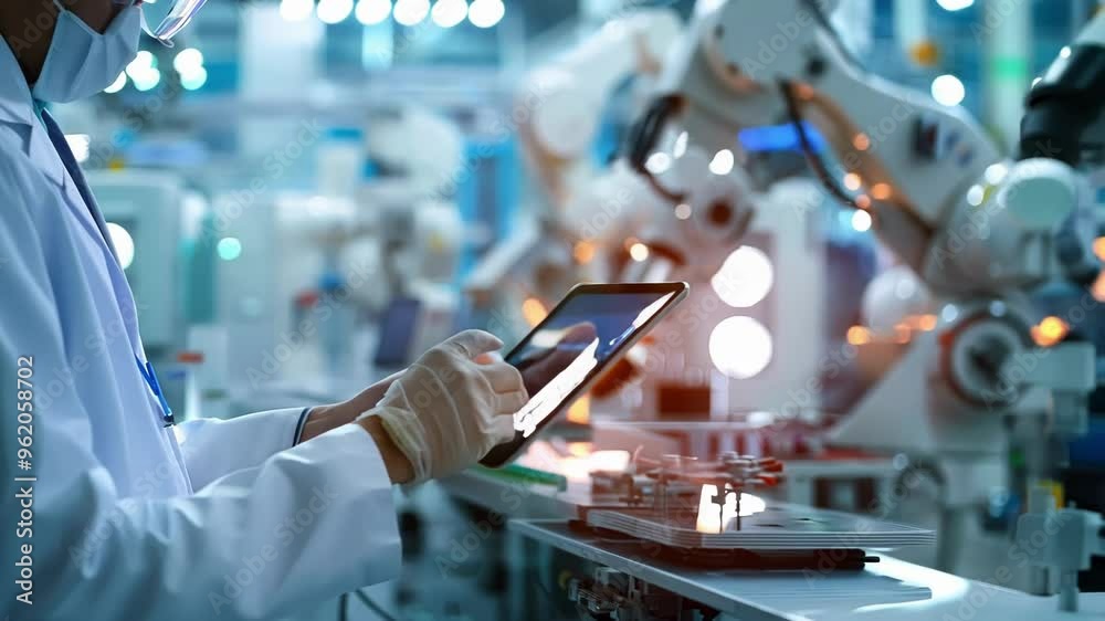 Poster engineer is using a digital tablet to control a robot arm in a high tech factory setting, showcasing