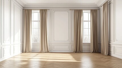 Obraz premium 3D illustration of an empty room with white walls, parquet flooring, a wide window with classic white vitrage, and three beige curtains elegantly drawn to the sides