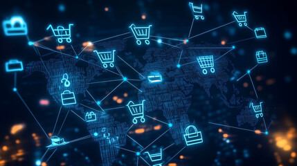 Fototapeta premium Digital world map with connected shopping icons, abstract e-commerce network, global retail trends