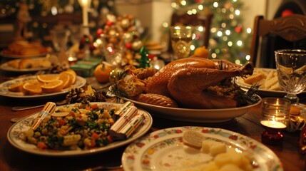 Fototapeta premium Traditional British Christmas Dinner with Roast Turkey, Stuffing, and Festive Decorations