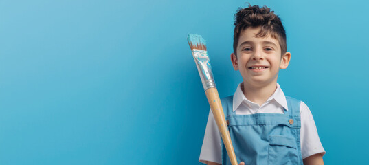 Creative Young Boy with Paintbrush in Blue Monochrome Background - Art and Creativity Concept