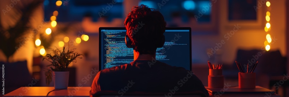 Fototapete Back view of a software developer coding on a monitor in a cozy home office with soft lighting. Focused programming environment.