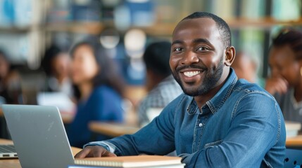 Fototapeta premium Adult Learner Studying Project Management with Textbooks and Laptop in Modern Classroom