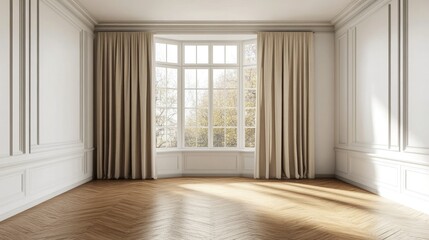 3D rendering of an empty room with parquet flooring, white walls, a wide window featuring classic white vitrage, and three beige curtains on the sides
