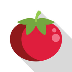 Simple, colorful vector illustration of a red tomato with green leaves, casting a shadow