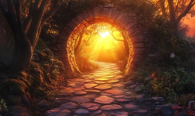 Fototapeta premium Stone Archway Leading to a Sunlit Forest Path