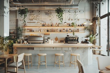Modern coffee shop interior with wooden bar and shelves filled with bottles and plants during daytime