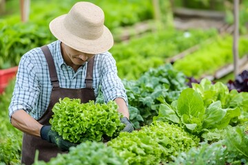 Close up Photo of a Gardener Tenderly Caring for a Vibrant Organic Vegetable Garden Using Gardening Tools and Displaying a Satisfied Expression on Their Face  The Lush Verdant Background and Natural