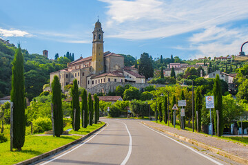 Arquà Petrarca in Veneto, Italy, featuring the tomb of the famous poet Petrarch, set amidst...