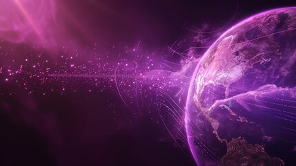 Obraz premium A digital globe illuminated by radiant purple light, surrounded by abstract lines and particles, creating a futuristic and cosmic atmosphere. The vibrant purple tones emphasize the high-tech