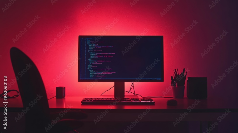 Poster A red glowing monitor displaying code on a programmer's desk, perfect for content about software development and IT innovation