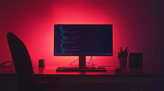 A red glowing monitor displaying code on a programmer's desk, perfect for content about software development and IT innovation