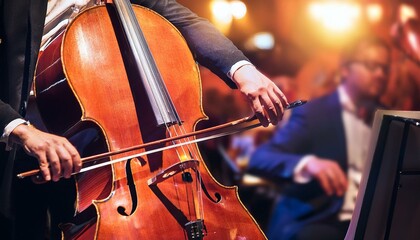 A close up of a cello being played in an orchestra.
