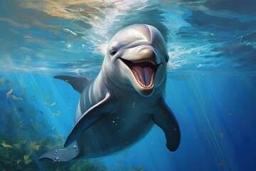 Fototapeta premium happy curious and playful dolphin underwater in sea