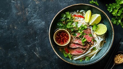 A bowl of Vietnamese pho with rice noodles, thin slices of beef, bean sprouts, and fresh herbs, with a side of lime and hot sauce
