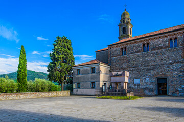 Arquà Petrarca in Veneto, Italy, featuring the tomb of the famous poet Petrarch, set amidst...