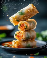 A delicious stack of spring rolls garnished with herbs, showcasing a crispy texture and vibrant colors, perfect for food photography.