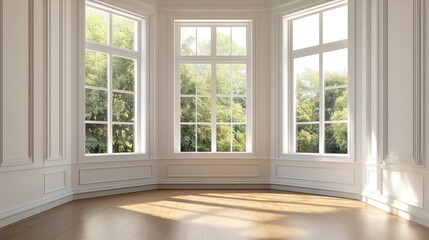 Obraz premium A bright, empty room with a large bay window, sleek wooden floors, and neutral-toned walls, perfect for showcasing modern interior design ideas
