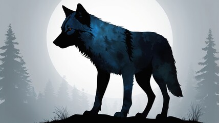 A Silhouetted Wolf Stands Gracefully Against a Full Moon With Towering Trees in the Background During a Serene Twilight