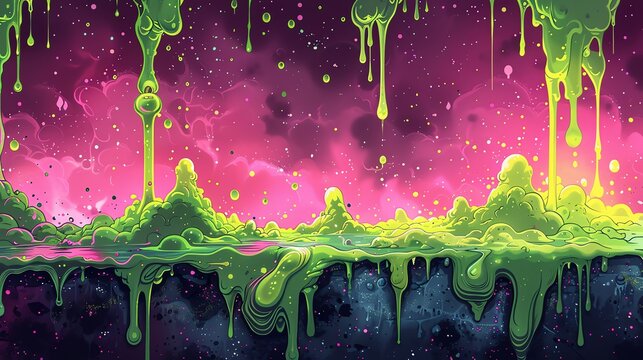 A surreal, colorful backdrop with glowing green ooze against a pink sky