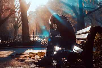 A man sitting on a park bench, head in hands, surrounded by bright sunlight and shadows, illustrating a tension headache from environmental factors.