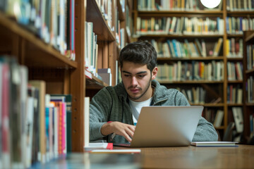 Focused Adult Student Studying in a University Library Surrounded by Academic Books and Journals