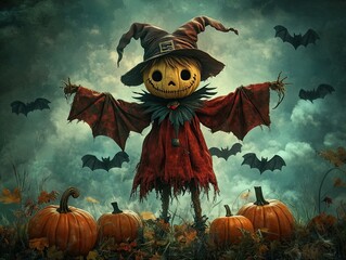 Fototapeta premium A scarecrow dressed as a vampire, surrounded by bats and pumpkins, set in a dark, misty field, cute yet eerie cartoon vibe