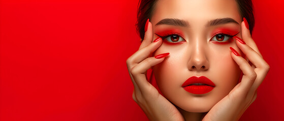elegant chinese woman with red manicured nails, trendy makeup, chich hairstyle, posing hand touching face, red background