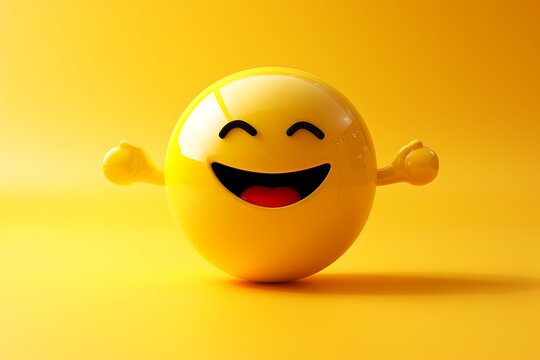 3D yellow emoji with joy, high resolution, HD, solid yellow gradient background