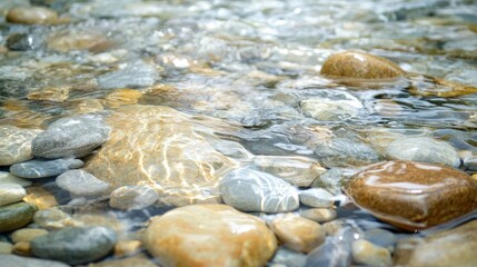 A close-up of stones in a river, with clear water flowing gently over them, creating a peaceful and natural outdoor scene