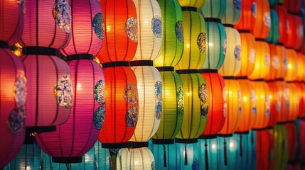 A colorful arrangement of lampion lamps hanging in rows at a lantern festival, creating a vibrant and festive backdrop