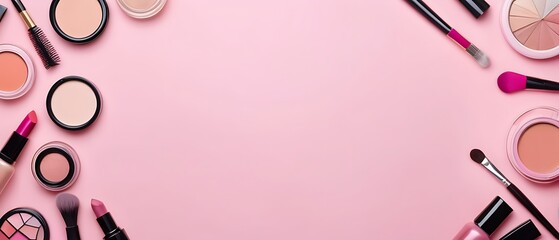 Beauty salon banner design template. Makeup cosmetic products on pastel background. Top view with copy space	
