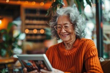 Joyful Senior Woman Using Tablet for Social Media Amidst Illuminated Background - Connected Living