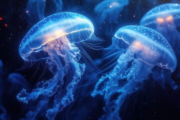 ethereal underwater scene with bioluminescent jellyfish floating through a dark mystical ocean casting a soft blue glow