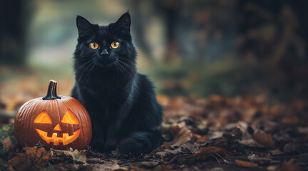 Naklejka premium Black cat sitting next to a jack o lantern outdoors with autumn leaves and room for text 