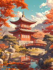 Naklejka premium Traditional Asian buildings by the lake