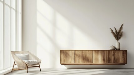 A contemporary white room with a modern wooden cabinet, clean lines, and minimalist decor elements, creating a sophisticated atmosphere, 3D rendering