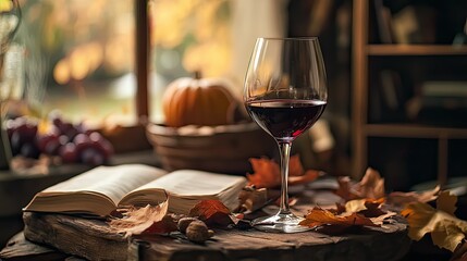A cozy autumn still life with a big glass of dry red wine, rustic table setting, fallen leaves, warm light, selective focus on the wine