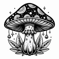 A black and white drawing of a mushroom with stars and leaves